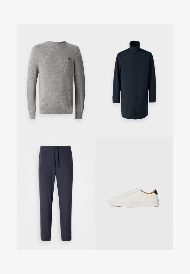 Mornarska jakna z visokim ovratnikom, dvojnim gumbom, dolgimi rokavi in stranskimi žepi. Narejena iz lahkega, vodoodpornega materiala.; Sivi pleteni pulover s okroglo oblikovano ovratnikom in dolgimi rokavi. Ima majhen rumen logotip na levem prsnem predelu. Mehka tekstura.; Mornarske jogger hlače z elastičnim pasom in vrvico. Narejene iz gladkega materiala, imajo zožane noge in brez vidnih žepov.; Bela tenisa s gladkim usnjem, okroglo konico in ravnim podplatom. Črn poudarek na peti, s toniranim vezalkami in minimalnim označevanjem.