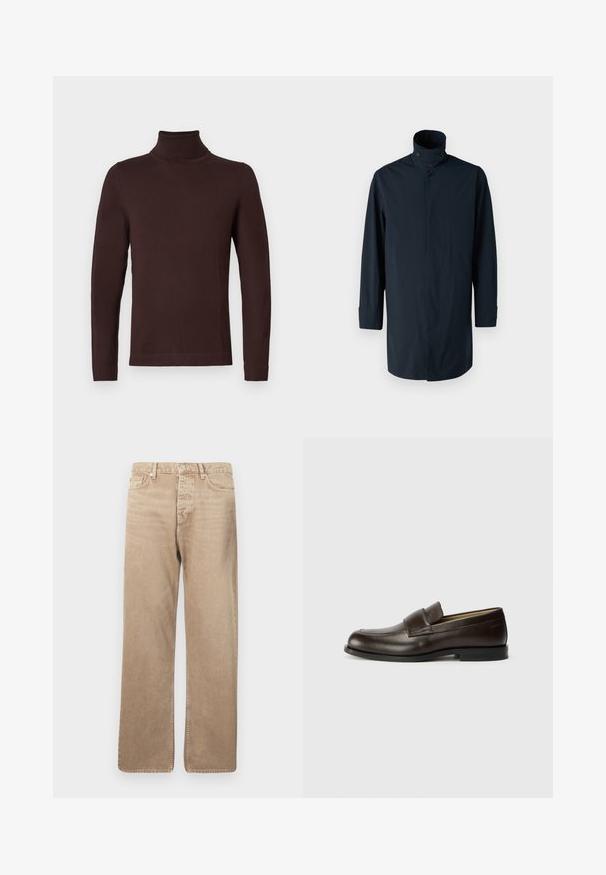 Abrigo tipo windbreaker en color navy con cuello alto, cierre de doble botón, mangas largas y bolsillos laterales. Fabricado en un material ligero y resistente al agua.; Suéter de punto de color marrón oscuro con cuello alto y corte ajustado, presentado sobre un fondo blanco liso.; Vaqueros de denim beige con corte recto, que cuentan con cinco bolsillos, cierre de botón y costuras en contraste. Textura suave y mínimo desgaste.; Calvin Klein Zapatos sin cordones - cocoa brown