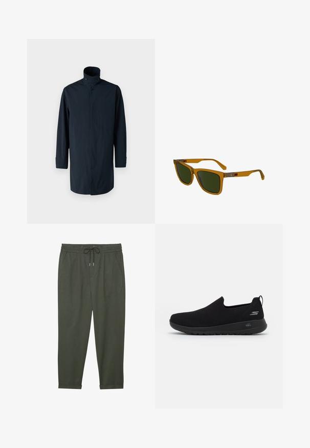 Sini takki tuulta suojaava korkea kaulus, kaksirivinen nappisulku, pitkät hihat ja sivutaskut. Valmistettu kevyestä, vedenpitävästä materiaalista.; Pitkähihainen paita tummansinisessä ja kermansävyisessä ruutukuosissa, napitettava kaulus, puuvillamateriaali, jossa on kaareva helma ja kontrastiväriset napit.; Tummanvihreät, kevyet suorat housut, joissa on joustava vyötärö, kiristysnauha, sivutaskut ja cuffatut lahkeet. Silkkinen rakenne.; Mustat liu'utettavat tennarit, joissa on hengittävä verkko-osa, pyöreä kärki ja pehmustettu kumipohja. Sivussa on logo.; Ruske läpinäkyvät aurinkolasit vihreillä linsseillä, suorakulmainen muoto, lievästi kulmikkaat temples, ja hopeanväriset metalliset yksityiskohdat varsissa.