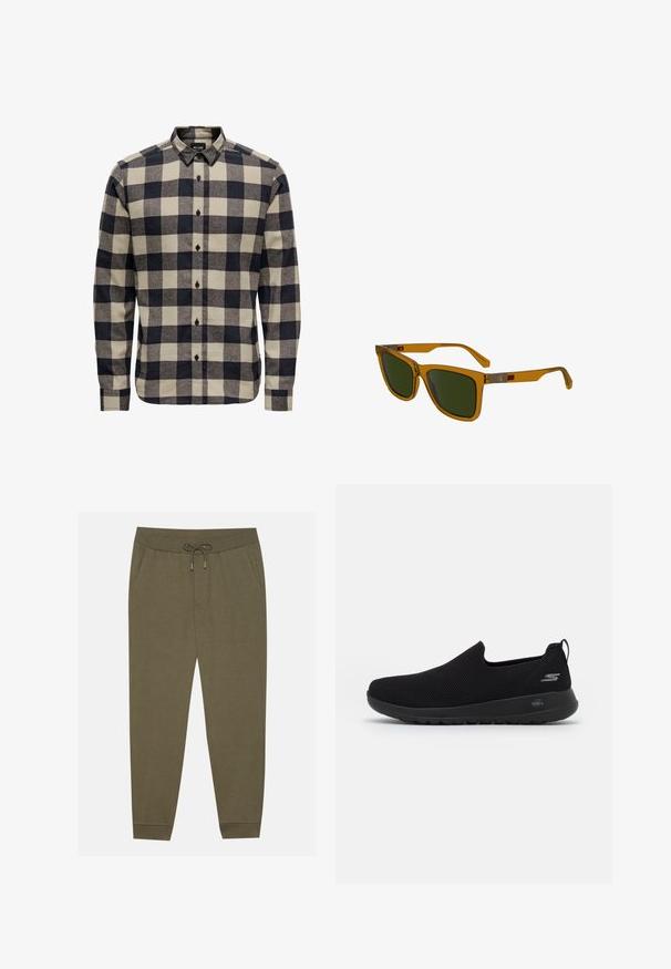 Marineblauwe windjack met hoge kraag, dubbele knoopsluiting, lange mouwen en zijzakken. Gemaakt van lichtgewicht, waterafstotende stof.; Heren flanellen overhemd in zwart en crème, met een klassiek ruitpatroon, knoopsluiting bij de kraag en lange mouwen met knoopmanchetten.; Olijfgroene joggerbroek met een elastische tailleband, trekkoord, zijzakken en taps toelopende pijpen. Gemaakt van zachte stof met een gladde textuur.; Zwarte instap sneaker met een ademende mesh bovenkant, ronde neus en een gevoerde rubberen zool. Bevat een logo aan de zijkant.; Bruine transparante zonnebril met groene lenzen, rechthoekige vorm, licht hoekige veren en zilverkleurige metalen accenten op de armen.