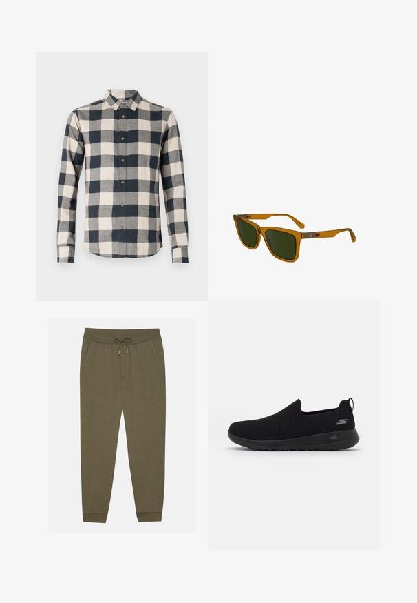 Jūras flotes vējjakas mētelis ar augstu apkakli, divām pogām, garām piedurknēm un sānu kabatām. Izgatavots no viegla, ūdens necaurlaidīga auduma.; Ilga piedurkne krekliņš tumši zilos un krēmkrāsas rūtiņās, ar pogu uz leju apakšai, kokvilnas audums, ar izliektām malām un kontrastējošām pogām.; Olīvu zaļas sporta bikses ar elastīgu jostu, regulējamu auklu, sānu kabatām un sašaurinātiem svārkiem. Izgatavotas no mīksta auduma ar gludu tekstūru.; Melnas slip-on kedas ar elpojošu acs augšdaļu, apaļu purngalu un mīkstu gumijas zoli. Uz sāna ir logotips.; Brūnas caurspīdīgas saulesbrilles ar zaļiem stikliem, taisnstūra forma, nedaudz leņķiski tempļi un sudraba krāsas metāla akcenti uz kājiņām.