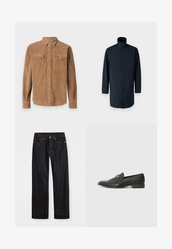 Marineblaue Windbreaker-Jacke mit hohem Kragen, Doppelknopfverschluss, langen Ärmeln und Seitentaschen. Hergestellt aus leichtem, wasserabweisendem Material.; Braunes Cordhemd mit Button-Down-Kragen, zwei Brusttaschen und strukturierter Oberfläche. Verfügt über eine KnopfverschClosure und lange Ärmel.; Herren gerade geschnittene schwarze Jeans aus Denim mit fünf Taschen und orangefarbenen Nähten, Knopf- und Reißverschluss vorne am Bund.; Schwarzer Lederloafer mit glatter Oberfläche, ausgestattet mit einer gesteppten Gestaltung und einem dekorativen Metallkettendetail über dem Vorderblatt. Flacher Absatz.