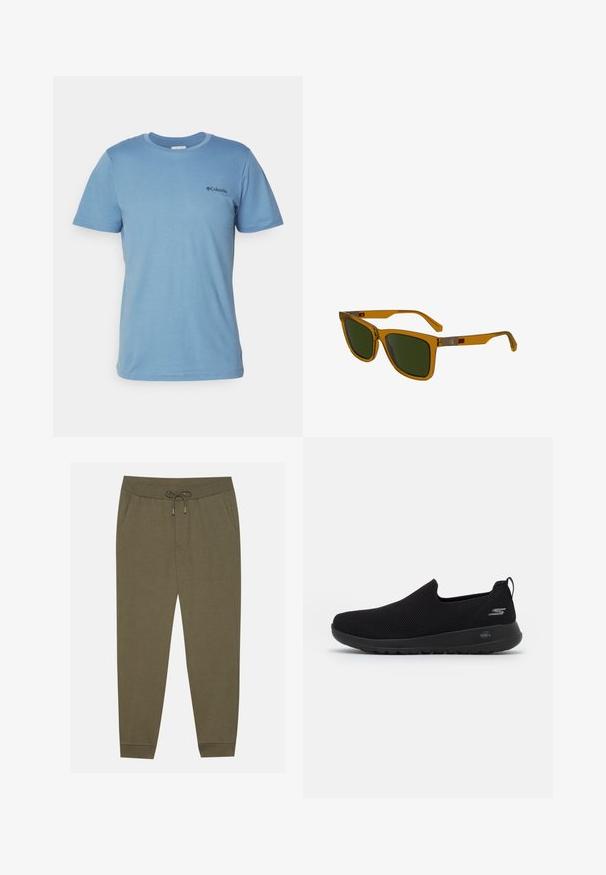 Navy windbreaker coat with high collar, double-button closure, long sleeves, and side pockets. Made from lightweight, water-resistant fabric.; Columbia RAPID RIDGE™ BACK GRAPHIC TEE  - Print T-shirt - skyler; Olive green jogger pants with an elastic waistband, drawstring, side pockets, and tapered legs. Made of soft fabric with a smooth texture.; Black slip-on sneaker with a breathable mesh upper, round toe, and cushioned rubber sole. Features a logo on the side.; Brown transparent sunglasses with green lenses, rectangular shape, slight angular temples, and silver-colored metal accents on the arms.