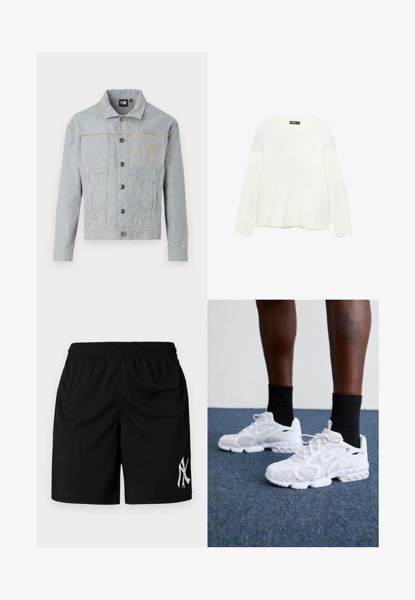 Pruhovaná džínsová bunda v modrej a bielej farbe s predným zapínaním na gombíky, dvoma náprsnými vreckami a zlatým prešívaním. Obsahuje výšivku loga na hrudi.; Biely sveter vyrobený z jemného, textúrovaného materiálu. Má okrúhly výstrih a dlhé rukávy. Rovný lem s voľným strihom.; Čierne športové šortky s elastickým pásom, hladkou textúrou a bielym logo detailom na ľavej nohe. Štandardná dĺžka a voľný strih.; Biele športové topánky s priedušnou sieťovinou, textúrovanými akcentmi a polstrovanou podrážkou. Kombinované s čiernymi rebrovanými členkovými ponožkami na modrom kobercovom povrchu.