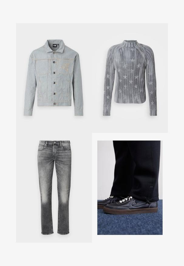 Prugasta traper jakna u plavoj i bijeloj boji s dugmadi sprijeda, s dva džepa na prsima i zlatnim šivenjem. Ima izvezeno logo na prsima.; Sivi pleteni džemper s uspravnim rebrastim uzorkom, ukrašen zvjezdanim motivima, visokim ovratnikom i dugim rukavima. Mekani materijal s uskim krojem.; Sive traperice s ravnim nogavicama, s blagim izblijeđenjem, pet džepova i kopčanjem na dugme. Teksturirana tkanina s minimalnim šavovima.; Nike Sportswear KILLSHOT 2 LTR PRM OPP2 - Tenisice - black sail baroque brown mtlc dk grey