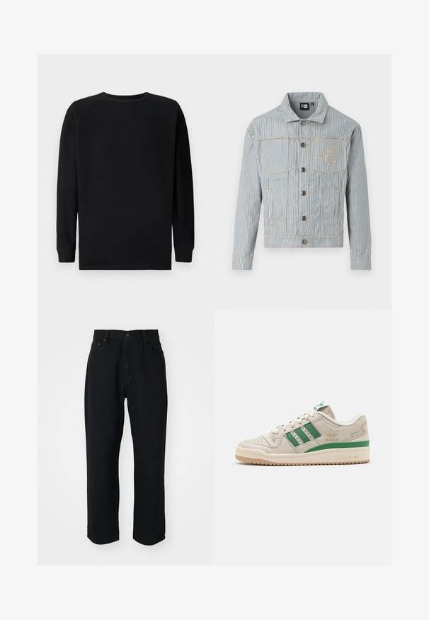 Giacca di jeans a righe blu e bianca con chiusura a bottoni, due tasche sul petto e cuciture dorate. Presenta un ricamo del logo sul petto.; Maglietta nera a maniche lunghe con un design in maglia a nido d'ape testurizzato. Presenta un collo rotondo e polsini a coste. Senza loghi o motivi visibili.; Jeans in denim nero con taglio dritto, texture leggera, design a cinque tasche e chiusura con bottone in vita.; Sneaker Adidas con tomaia in pelle beige, strisce verdi e suola in gomma. Presenta una collare imbottito e punte perforate per la traspirabilità.