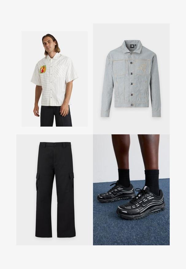 Giacca di jeans a righe blu e bianca con chiusura a bottoni, due tasche sul petto e cuciture dorate. Presenta un ricamo del logo sul petto.; Camicia bianca a maniche corte con strisce verticali nere, caratterizzata da un ricamo colorato di frutta sul lato sinistro del petto e una tasca frontale singola.; Pantaloni cargo neri con design a gamba dritta. Realizzati in tessuto resistente, dotati di due tasche laterali con chiusura a pattina e chiusura con bottone.; Le scarpe Nike nere presentano una tomaia in mesh con strisce a contrasto, lacci testurizzati e una suola in gomma nera. Indossate con calze nere a costine.