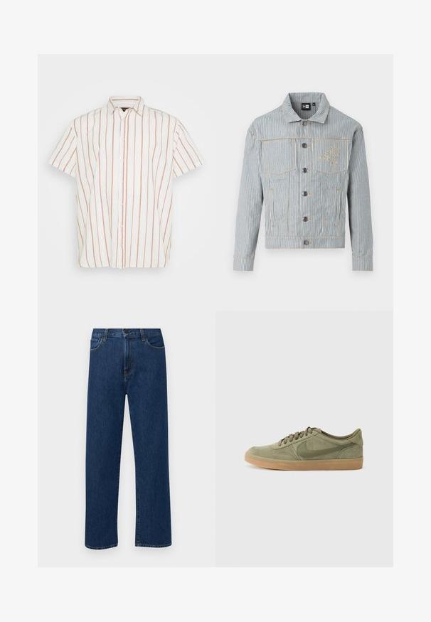Pruhovaná džínsová bunda v modré a bílé barvě s předním zapínáním na knoflíky, dvěma náprsními kapsami a zlatým prošitím. Na hrudi se nachází vyšívané logo.; Krátký rukáv, košile na knoflíky z bílé látky s úzkými vertikálními červenými pruhy. Klasický límec a rovný lem.; Tmavě modré džíny s rovnými nohavicemi, předními kapsami a zapínáním na knoflík, vystavené na jednoduchém bílém pozadí.; Zelené semišové tenisky s gumovou podrážkou, kulatou špičkou a šněrovacím designem. Obsahují ikonické logo Nike v tmavě zelené barvě.