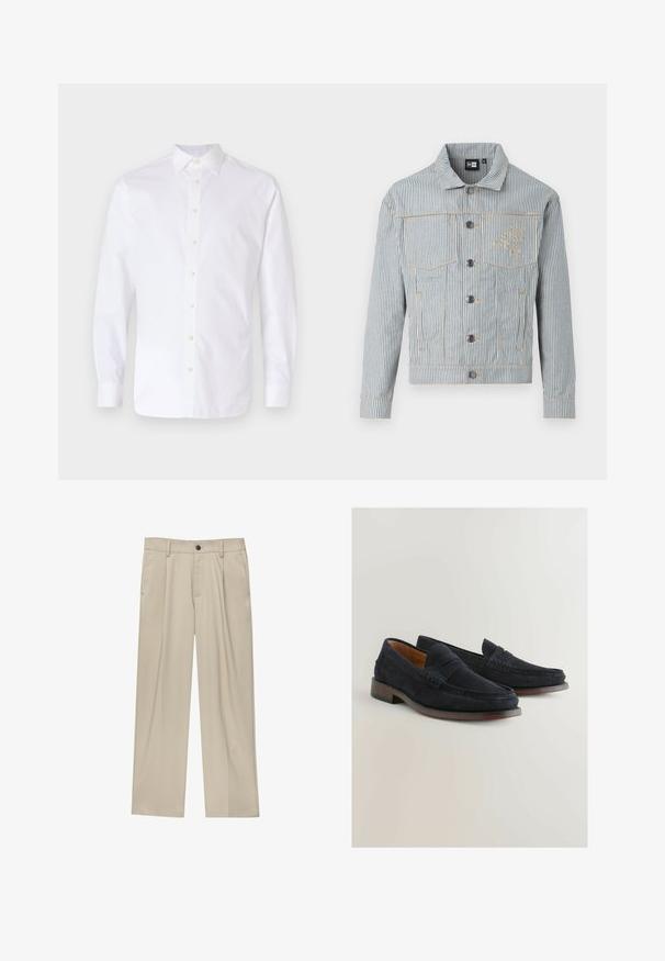 Kék és fehér csíkos farmerdzseki, gombos elülső résszel, két mellzsebbel és aranyozott varrással. A mellkason logó hímzés található.; Hosszú ujjú, fehér gombos ing, amely pamutból készült. Klasszikus gallérral, elöl gombos légzéssel és standard mandzsettákkal rendelkezik.; Beige egyenes szárú nadrág, egy fekete gombbal, övhurkokkal és oldalzsebekkel. Sima szövettextúra és minimális design.; Sötétkék velúr mokaszin, texturált bőrszalaggal, alacsony fából készült sarokkal és díszítő varrási részletekkel, bemutatva a klasszikus slip-on dizájnt.
