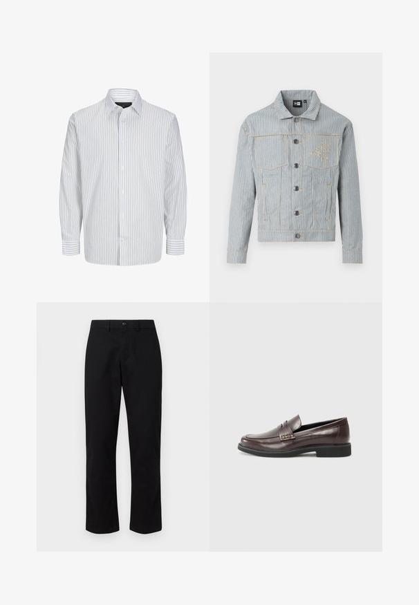 Kék és fehér csíkos farmerdzseki, gombos elülső résszel, két mellzsebbel és aranyozott varrással. A mellkason logó hímzés található.; Hosszú ujjú fehér ing, keskeny függőleges tengerész kék csíkozással. Klasszikus gallérral és gombos elülső résszel rendelkezik. Könnyű anyagból készült.; GAP SLIM PERFORMANCE STRETCH - Vászonnadrágok - true black; Barna bőr loaferek sima felülettel, finoman varrott részletekkel a felső részen és fekete gumitalppal.