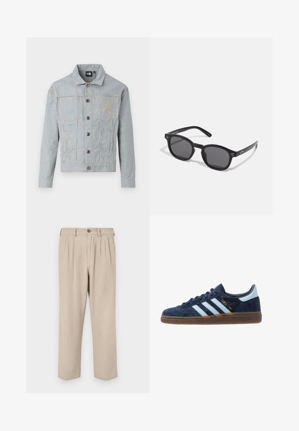 Ziliem denim jaka zilā un baltā krāsā ar pogu aizdari, divām krūšu kabatām un zeltainiem izšuvumiem. Iekļautas logo izšuvums uz krūšu daļas.; Divas divas kokvilnas T-krekli, kas parādīti viens pret otru: viens melns un viens balts. Abiem ir īsas piedurknes un apaļas kakla izgriezumi, ar gludu tekstūru.; Bēša bikses, izgatavotas no teksturēta auduma, ar priekšējām pūkām, pogu aizdari un taisnu kāju dizainu.; Jūras zilas zamša Adidas sporta apavi ar gaiši zilām strēmēm, gumijas zole, gaiši zila papēža cilpa un zelta "Spezial" emblēma sānos.; Melni ovāli saulesbrilles ar tumšiem stikliem, resniem rāmjiem un sudraba punktu akcentiem uz sāniem. Gluda plastmasas materiāls, mūsdienīgs dizains.