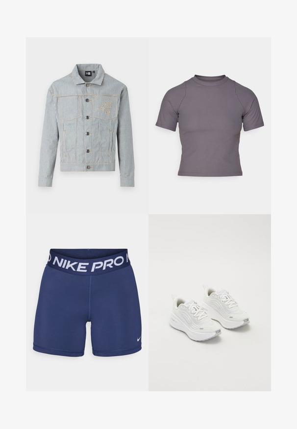 Ziliem denim jaka zilā un baltā krāsā ar pogu aizdari, divām krūšu kabatām un zeltainiem izšuvumiem. Iekļautas logo izšuvums uz krūšu daļas.; Kratka piedurkņu augsta kakla blūze riboto pelēko audumu. Pieguļošs dizains ar plakaniem šuvēm un gludu tekstūru. Nav rakstu vai grafikas.; Tumši zili Nike Pro šorti ar plašu jostu, uz kuras ir balts teksts "NIKE PRO" un neliela balta preču zīme apakšējā labajā stūrī. Gluda auduma tekstūra.; Baltas sporta apavi ar teksturētu sieta augšdaļu, mīkstinātu zoli un smalkiem pelēkiem akcentiem. Iekļauj zīmolu un cilpu papēža cilpu vieglai uzvilkšanai.
