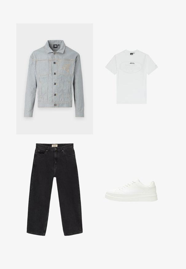 Prugasta traper jakna u plavoj i bijeloj boji s dugmadi sprijeda, s dva džepa na prsima i zlatnim šivenjem. Ima izvezeno logo na prsima.; Bijela pamučna majica kratkih rukava. Ima središnji ovalni grafički prikaz s tekstom "New Era" u tamnoplavoj boji. Jednostavan, klasičan kroj.; Crne traperice od denima s opuštenim krojem. Imaju pet džepova, prednje kopčanje na gumbe i detalje šivanja. Blago izblijedjeli izgled.; Bijela tenisica s glatkim kožnim gornjištem, ravnim vezicama i debelim gumennim potplatom. Minimalistički dizajn obiluje suptilnim šavovima i bešavnim naglascima.