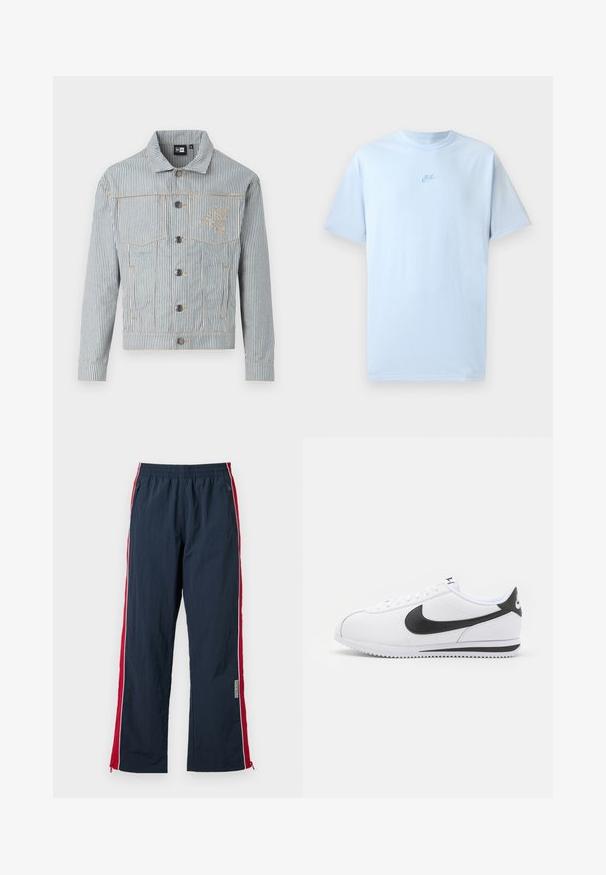 Stribet denimjakke i blå og hvid med knaplukning, to brystlommer og gylden sytråd. Har en logo-brodering på brystet.; Havblå bomulds T-shirt med korte ærmer, rund hals og broderet Nike-logo i en lidt mørkere blå på brystet.; Marineblå træningsbukser med elastisk talje og røde side-striber. Har hvid piping og lynlåse ved anklerne til justering. Letvægtsmateriale.; Hvide lædersneakers med sort Nike swoosh, flade snørebånd og tekstureret gummisål. Rund tå og polstret krave for komfort.