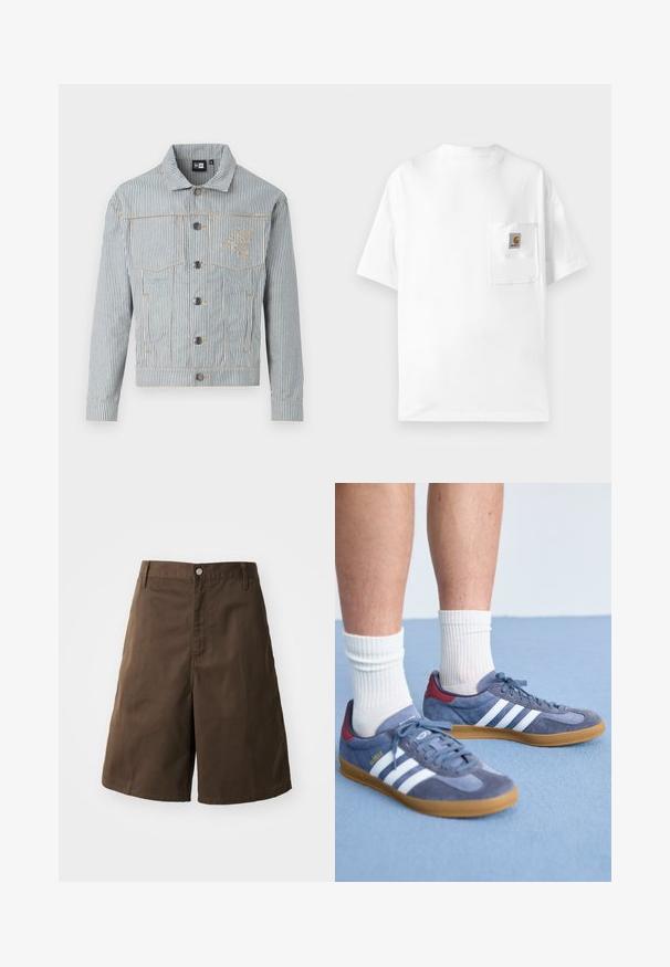Giacca di jeans a righe blu e bianca con chiusura a bottoni, due tasche sul petto e cuciture dorate. Presenta un ricamo del logo sul petto.; T-shirt bianca in cotone con collo rotondo, maniche corte e taschino sul petto con una patch del logo. Design minimalista e texture senza cuciture.; Pantaloni corti in cotone marrone con vestibilità dritta, dotati di chiusura con bottone, passanti per la cintura e senza motivi o dettagli visibili.; Sneaker in suede blu con strisce bianche, suola in gomma, dettagli rossi sul tallone e lacci grigi. Indossate con calzini bianchi a coste.