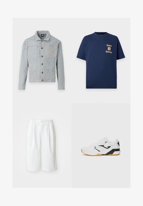 Sinine ja valge triibuline teksajakk, millel on nööpidega esiosa, kaks rinna taskut ja kuldne tikand. Rinna peal on logo tikand.; Tume sinine puuvillane T-särk lühikeste varrukatega, millel on kuldne kiri "Carhartt University" ja logo aplikaat vasakul rinnal.; Valged lühikesed püksid elastse vöökohtaga ja nööridega, esitatud lihtsa helehalli tausta ees. Sobivad igapäevaseks kandmiseks või sooja ilmaga.; Valge sportlik king koos mustade aktsentidega, tekstureeritud võrgusilmast ülemine osa, ventilatsiooniks augud, paks kummist tall ja paeltesüsteem.