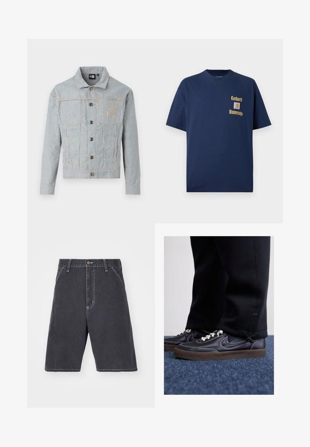 Stribet denimjakke i blå og hvid med knaplukning, to brystlommer og gylden sytråd. Har en logo-brodering på brystet.; Marineblå bomulds T-shirt med korte ærmer, der har guld tekst "Carhartt University" og et logo patch på venstre bryst.; Mørkegrå denimshorts med en afslappet pasform, der har knaplukning, bæltestropper og diskret hvid syning. Ingen synlige lommer.; Nike Sportswear KILLSHOT 2 LTR PRM OPP2 - Sneakers - black sail baroque brown mtlc dk grey