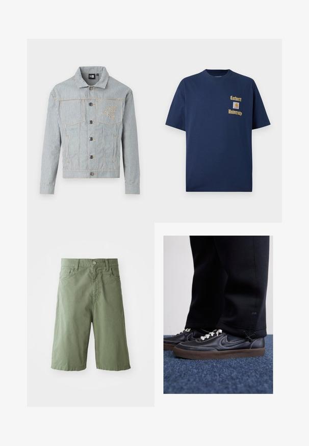 Stripet denimjakke i blått og hvitt med knappestolpe, to brystlommer og gyllen søm. Har logo-broderi på brystet.; Mørk blå bomull t-skjorte med korte ermer, med gulltekst "Carhartt University" og et logo-patch på venstre bryst.; Grønne bomullsshorts med løs passform, med to frontlommer, knappelukking og midt på leggen lengde. Glatt tekstur.; Nike Sportswear KILLSHOT 2 LTR PRM OPP2 - Joggesko - black sail baroque brown mtlc dk grey