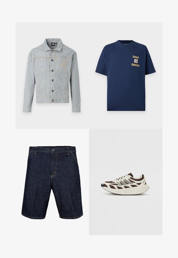 Pasiakowa dżinsowa kurtka w niebiesko-białym kolorze, z zapięciem na guziki, dwoma kieszeniami na piersi i złotymi przeszyciami. Posiada haftowane logo na klatce piersiowej.; Granatowa bawełniana koszulka z krótkim rękawem, z złotym napisem "Carhartt University" oraz naszywką z logo na lewej piersi.; Jeansowe szorty w ciemnoniebieskim kolorze z żółtymi szwami, z przodem zapinanym na guzik, szlufkami na pasek i bocznymi kieszeniami. Gładka faktura, długość do kolan.; Brązowe i kremowe sneakersy z siateczkowym wierzchem, teksturowanymi nakładkami oraz zaokrągloną, grubą białą podeszwą. Wyposażone w niskoprofilowy język i sznurowadła.