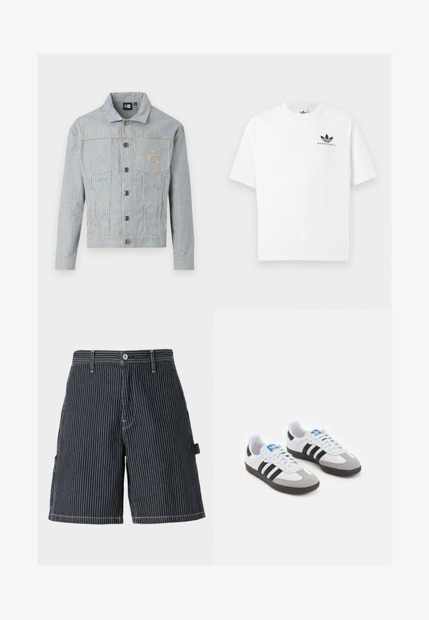 Veste en denim rayée bleu et blanc avec un devant à boutons, deux poches poitrine et des coutures dorées. Présente une broderie de logo sur la poitrine.; T-shirt en coton blanc à manches courtes, avec un logo "BASKETBALL" noir et un design iconique à trois bandes à l'avant.; Shorts rayés bleu marine en coton avec une coupe décontractée, dotés de poches latérales, de passants de ceinture et de détails de couture blanche contrastante.; Baskets avec une tige en cuir blanc, un bout en daim gris et trois bandes noires. Présente un logo bleu sur la languette et une semelle en caoutchouc texturée.