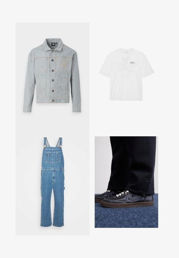 Pasiakowa dżinsowa kurtka w niebiesko-białym kolorze, z zapięciem na guziki, dwoma kieszeniami na piersi i złotymi przeszyciami. Posiada haftowane logo na klatce piersiowej.; Biała bawełniana koszulka z krótkim rękawem, z nadrukiem na przodzie, który głosi "Wznieś się ku spokoju" w czerni i zieleni.; Jasnoniebieskie ogrodniczki z regulowanymi ramiączkami, kieszenią z przodu i kieszeniami po bokach. Luźny krój z prostymi nogawkami, wykonane z materiału bawełnianego.; Nike Sportswear KILLSHOT czarny