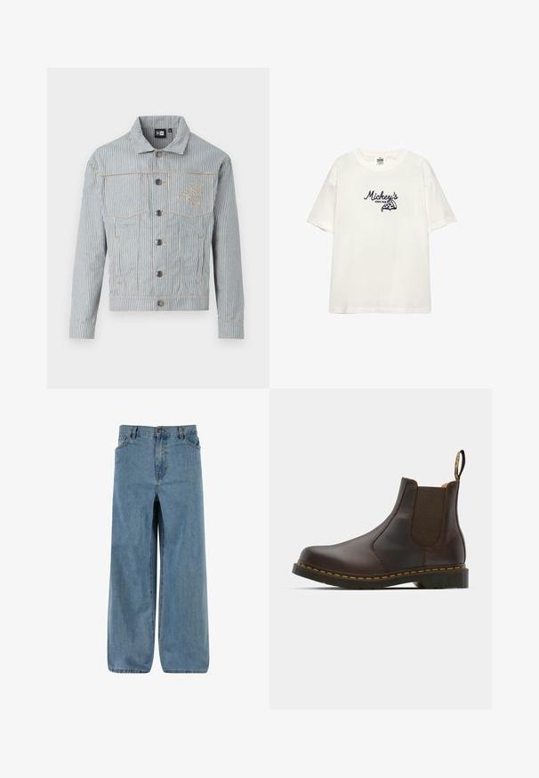 Črtasta jeans jakna v modri in beli barvi z zapiranjem na gumb, dvema žepoma na prsih in zlatim šivom. Ima izvezeno logotip na prsih.; Bela bombažna majica s kratkimi rokavi. Ima mornarsko modro vezeno besedilo "Mickey's" in grafiko pice. Enostaven ovratnik.; Jeans hlače širokega kroja v svetlo modri barvi. Opremljene so z gumbom in zadrgo, petimi žepi ter bledim videzom za klasičen izgled.; Rjava usnjena Chelsea čevlja z elastičnimi stranskimi ploščami, teksturiranim peti in kontrastnim rumenim šivom. Ima zanko za enostavno obuvanje.
