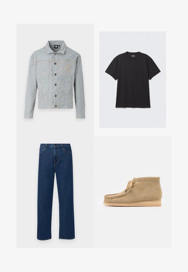 Jaqueta de ganga riscada em azul e branco com fecho de botão, dois bolsos de peito e costura dourada. Apresenta um bordado de logo no peito.; T-shirt preta de manga curta feita de algodão. Apresenta um decote redondo e um corte descontraído. Design simples, sem padrões ou detalhes visíveis.; Jeans de denim azul escuro, de perna reta, com bolsos frontais e fecho de botão, exibidos sobre um fundo branco liso.; Botins de camurça bege até ao tornozelo com biqueira arredondada, sola plana e um design simples de atacadores. Apresentam costuras visíveis e uma textura suave.