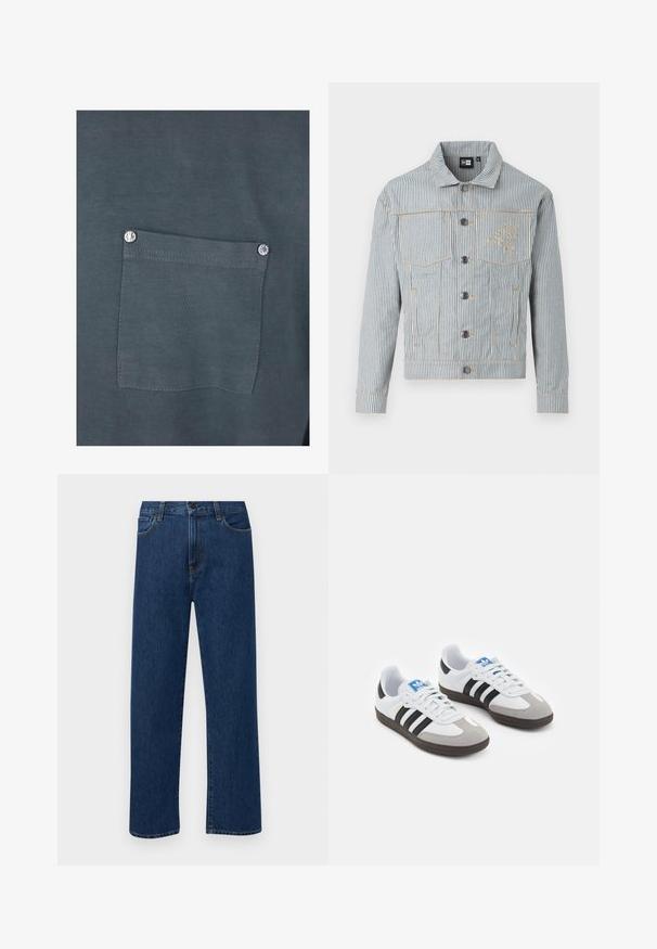 Stribet denimjakke i blå og hvid med knaplukning, to brystlommer og gylden sytråd. Har en logo-brodering på brystet.; Mørkegrå bomulds t-shirt med en brystlomme med en sølv snapknap og en glat tekstur. Sømdetaljer er synlige omkring lommen.; Mørkeblå straight-leg denim jeans med forhåndslommer og knaplukning, vist på en ensfarvet hvid baggrund.; Sportsko med en overdel i hvid læder, grå ruskind på tåen og tre sorte striber. Har et blåt logo på tungen og en struktureret gummisål.