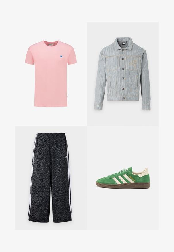 Pruhovaná džínsová bunda v modré a bílé barvě s předním zapínáním na knoflíky, dvěma náprsními kapsami a zlatým prošitím. Na hrudi se nachází vyšívané logo.; Krátký rukáv tričko z měkké růžové bavlny s kulatým výstřihem. Na levé straně hrudi se nachází malé modré logo korálů. Hladká textura, ležérní design.; adidas Originals GRAPHIC UNISEX - Teplákové kalhoty - black; Zelené semišové tenisky s bílým designem tří pruhů, krémovými detaily a hnědou texturovanou podrážkou. "SPEZIAL" vyšívané zlatou barvou na boku.