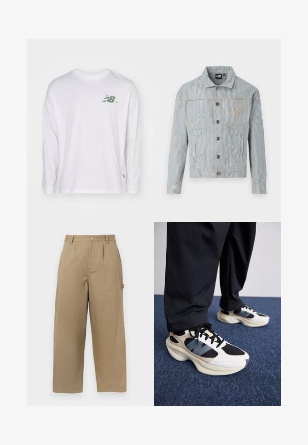 Jaqueta de ganga riscada em azul e branco com fecho de botão, dois bolsos de peito e costura dourada. Apresenta um bordado de logo no peito.; New Balance COURT LONG SLEEVE - Camisola de manga comprida - white; Calças largas bege em mistura de algodão, com uma cintura alta, pregas frontais e dois bolsos laterais com fecho de botão.; Sapatilhas brancas e pretas com sobreposições texturizadas e um destaque azul, apresentando uma sola grossa e atacadores pretos, combinadas com calças pretas.
