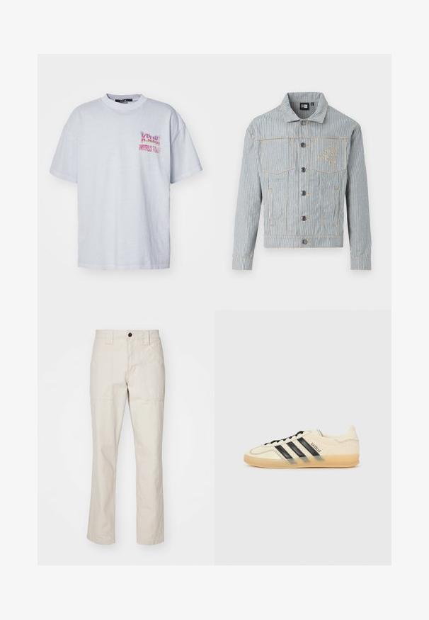 Črtasta jeans jakna v modri in beli barvi z zapiranjem na gumb, dvema žepoma na prsih in zlatim šivom. Ima izvezeno logotip na prsih.; Svetlo siva bombažna majica s sproščenim krojem, z barvitim grafičnim motivom "Ksubi World Tour" na levi strani prsnega koša. Kratke rokave in okrogli izrez.; Bežna bombažna hlače s pravim nogavicami, ki vključujejo dve sprednji žepi, en gumb zapiranje in vidne šive.; Svetlo kremne teniske z vzorcem črnih treh črt, teksturirano zgornji del, okroglo konico in gumijast podplat. Imajo vezalke in blagovno znamko na strani.