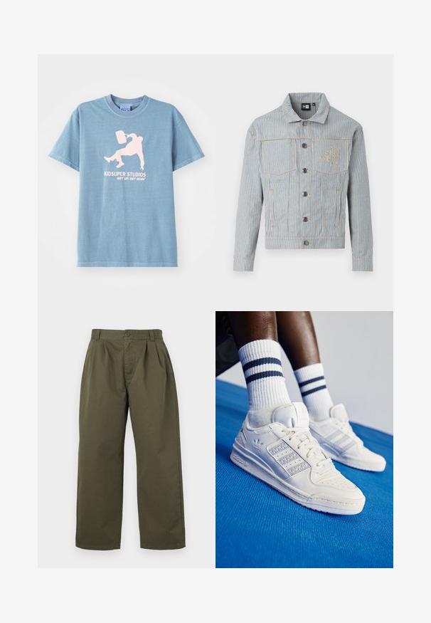 Striped denim jacket in blue and white with a button front, two chest pockets, and golden stitching. Features a logo embroidery on the chest.; Light blue cotton t-shirt with a crew neckline, short sleeves, and a printed graphic in pink featuring a person holding a bucket.; Olive green cotton trousers, featuring a straight cut, front pleats, and a button closure at the waist. No visible pockets.; White leather sneakers with perforated accents, three metallic stripes, and a textured side panel. Worn with white socks featuring blue stripes.