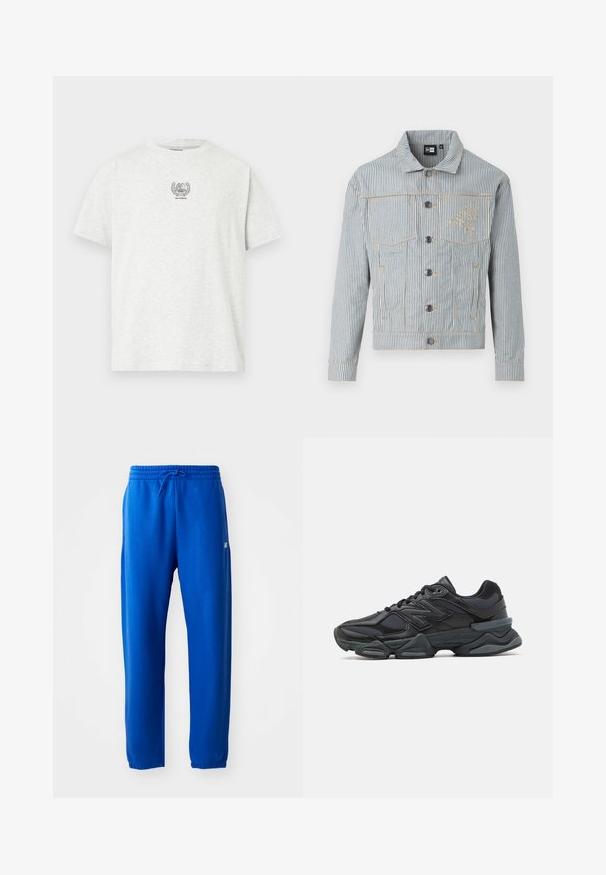 Ziliem denim jaka zilā un baltā krāsā ar pogu aizdari, divām krūšu kabatām un zeltainiem izšuvumiem. Iekļautas logo izšuvums uz krūšu daļas.; Pelēka kokvilnas krekls ar īsām piedurknēm, ar nelielu melnu logotipu centrā. Klasisks apaļš kakla dizains, mīksta tekstūra un brīvs piegriezums.; Zilas sporta bikses, kas izgatavotas no mīkstas auduma, ar elastīgu jostasvietu un aukliņu, sašaurinātām kājām un nelielu logotipa detaļu sānos.; Melna skriešanas apavi ar jauktu acu audumu un sintētiskiem materiāliem, masīvu zoli, izliekta dizaina elementiem un izteiktu zīmola logotipu uz sāniem.