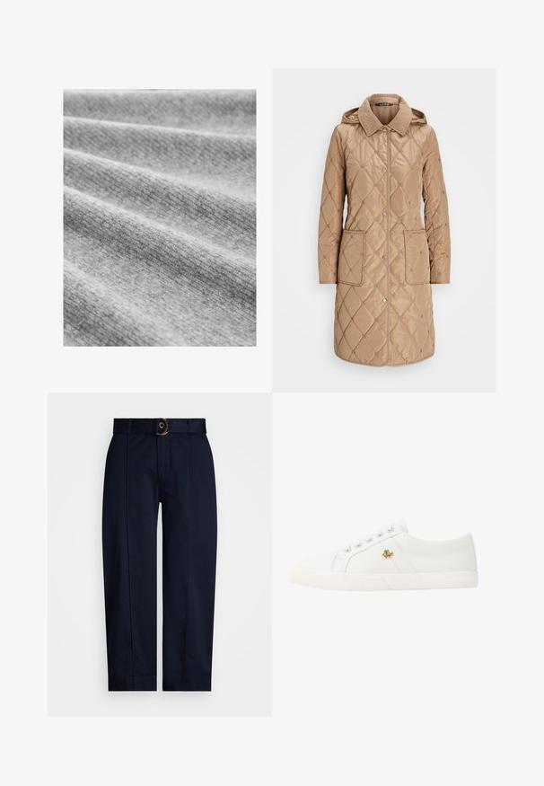 Bežový prešívaný kabát s kapucňou, s kordonovým golierom, patentkami a dvoma prednými vreckami. Hladká textúra s diamantovým vzorom.; Svetlosivá tkanina s jemnou textúrou, obsahujúca mäkké záhyby a mierne melírovaný vzor, ktorý vyjadruje útulný a teplý vzhľad.; Námornícke nohavice s tkaným pásom a zlatou prackou, s rovnými nohavicami a prehnutými záhybmi vpredu.; Lauren Ralph Lauren JANSON II CANVAS SNEAKER - Tenisky - optic white