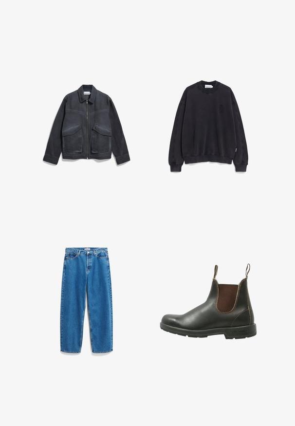 Dunkelgraue, Reißverschlussjacke mit zwei großen Fronttaschen, einem spitzen Kragen und einem leicht strukturierten Stoff. Klassische kastige Form mit langen Ärmeln.; Schwarzes Baumwoll-Sweatshirt mit Rundhalsausschnitt, langen Ärmeln und gerippten Bündchen. Verfügt über ein dezentes gesticktes Design auf der Brust.; Weißes Baumwoll-T-Shirt mit kurzen Ärmeln. Es hat einen schwarzen Grafikdruck im linken Brustbereich mit Text und Designs, einschließlich Sterne.; Helle blaue Jeans aus Denim mit einem lockeren, geraden Schnitt. Nieten, Gürtelschlaufen und ein klassischer Fünf-Taschen-Stil. Glatte Textur mit ausgebleichten Bereichen.; Chelsea-Boots aus glattem schwarzem Leder mit braunen elastischen Seitenteilen, kontrastierenden Nähten und einer strukturierten Gummisohle.