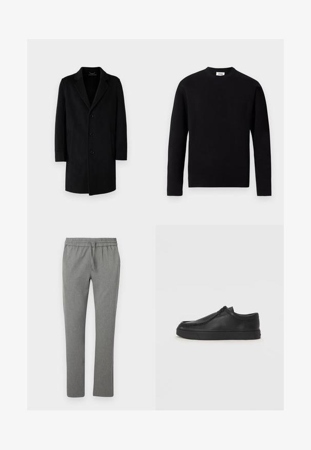 Cappotto nero in lana con colletto a rever, chiusura a cinque bottoni, tasche laterali e silhouette dritta con maniche lunghe.; Maglione nero a maniche lunghe con collo rotondo realizzato in tessuto morbido. Caratterizzato da una tasca sul petto sinistro e orlo dritto con dettagli di trama minimali.; Pantaloni grigi a sigaretta realizzati in tessuto testurizzato. Presentano una vita elasticizzata con cordino, nessuna tasca e una finitura liscia.; Scarpa slip-on in pelle nera con punta arrotondata, dettagli cuciti e suola in gomma nera. Texture liscia con design minimalista.