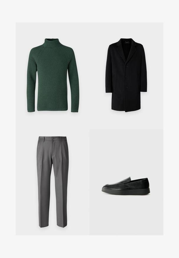 Black wool coat featuring a notched collar, five-button closure, side pockets, and a straight silhouette with long sleeves.; DRYKORN ARVID - Jumper - green; DRYKORN LEEK - Trousers - grey; Calvin Klein HYBRID CUP - Slip-ons - triple black