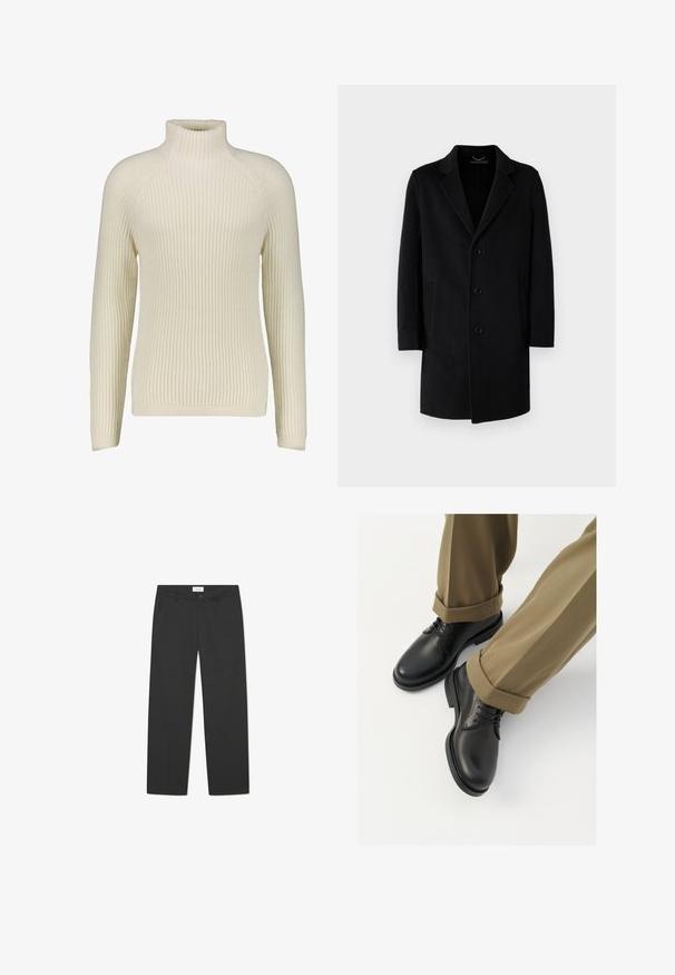 Manteau en laine noir avec col cranté, fermeture à cinq boutons, poches latérales et silhouette droite avec des manches longues.; DRYKORN ARVID - Pullover - offwhite; Pantalons noirs en tissu léger. Présentent un design à jambe droite avec un devant plat, des poches latérales et une taille discrète.; Chaussures habillées en cuir noir avec une finition lisse, dotées de lacets et d'un bout arrondi, associées à un pantalon en khaki retroussé.