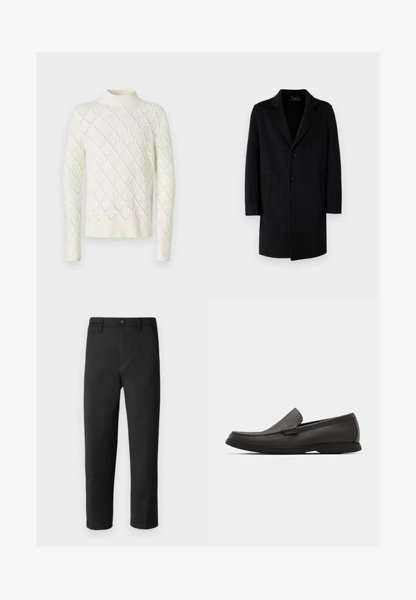 Palton negru din lână, cu guler tăiat, închidere cu cinci nasturi, buzunare laterale și o siluetă dreaptă cu mâneci lungi.; Pulover crem, cu guler înalt, prezentând un model de tricotaj cu cabluri în formă de diamant și manșete și tiv cu nervuri. Textură moale, mâneci lungi.; Pantaloni negri cu o croială dreaptă, fabricați dintr-un material neted. Prezintă un închidere cu nasture și bucle pentru curea. Fără modele sau accente vizibile.; Mocasini din piele maro închis, cu vârf rotunjit, detalii de cusătură subtile și o talpă înaltă din cauciuc. Textură netedă cu o potrivire flexibilă.