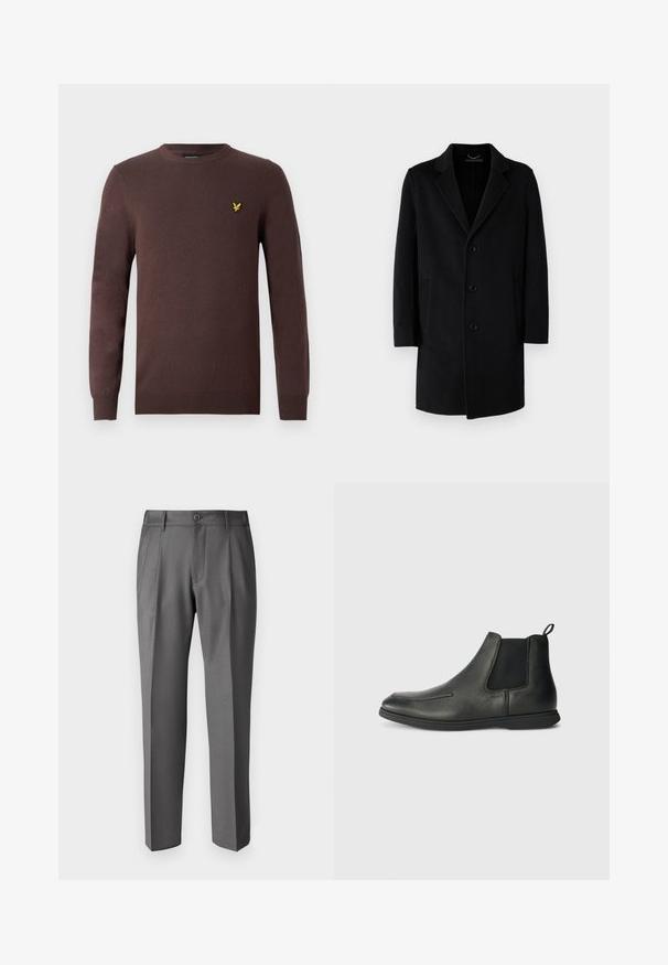 Schwarzer Wollmantel mit Reverskragen, Fünf-Knopf-Verschluss, seitlichen Taschen und gerader Silhouette mit langen Ärmeln.; Brauner Pullover aus weichem Strickstoff mit rundem Ausschnitt und langen Ärmeln. Auf der Brust ein bestickter gelber Vogel als Akzent.; DRYKORN LEEK - Stoffhose - grey; Schwarze Leder-Ankle-Boots mit glatter Textur, elastischen Seitenpanelen und einer Zuglasche auf der Rückseite. Rundspitze und Gummisohle.