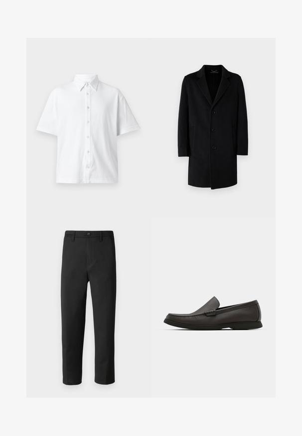 Černý vlněný kabát s klopovým límcem, zapínáním na pět knoflíků, bočními kapsami a rovnou siluetou s dlouhými rukávy.; Bílá košile s krátkým rukávem a knoflíkovým zapínáním vyrobená z texturovaného materiálu s klasickým límcem a pruhovaným vzorem. Šest knoflíků vpředu.; Černé kalhoty rovného střihu, vyrobené z hladkého materiálu. Mají zapínání na knoflík a poutka na opasek. Bez viditelných vzorů nebo akcentů.; Tmavohnědé kožené slip-on boty s kulatou špičkou, jemným prošíváním a nízkou gumovou podrážkou. Hladká textura s pružným střihem.
