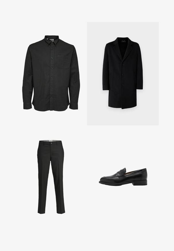 Schwarzer Wollmantel mit Reverskragen, Fünf-Knopf-Verschluss, seitlichen Taschen und gerader Silhouette mit langen Ärmeln.; Schwarzes Langarm-Hemd aus Baumwollstoff mit Standardkragen, Fronttasche und passenden schwarzen Knöpfen.; Schwarze Hosen, taillierte Passform, glattes Material, mittelhoher Bund, vorderer Knopfverschluss, schräge Taschen und Bügelfalten entlang der Beine.; Schwarze Leder-Löcher mit genähtem Vorderteil und flachem Absatz. Glatte Textur mit runder Zehenform und einem dekorativen Riemen über dem Spann.