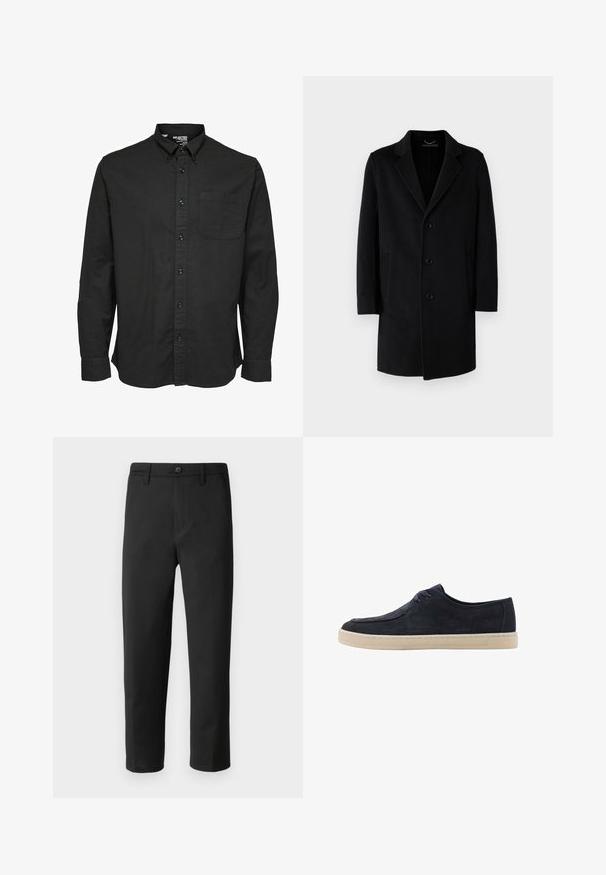 Svart ullrock med slagkrage, femknappars stängning, sidofickor och rak silhuett med långa ärmar.; Svart långärmad skjorta i bomullstyg, med standardkrage, framficka och matchande svarta knappar.; Svarta byxor med rak skärning, tillverkade av ett mjukt tyg. Har knappstängning och bälteslöljer. Inga synliga mönster eller detaljer.; Marinblå mockaskor med rund tå, två öglor för snören och en krämfärgad gummisula. Slät yta och minimalistisk design.