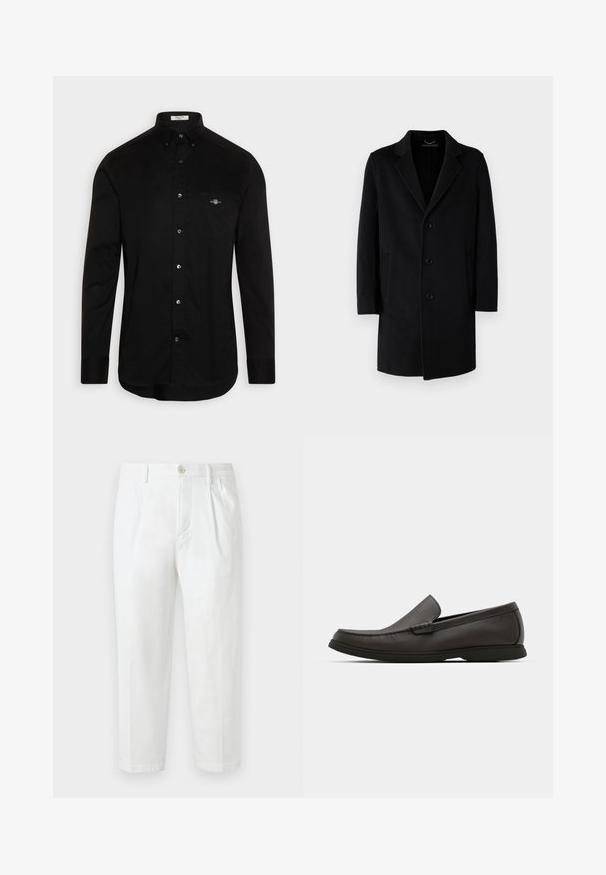 Manteau en laine noir avec col cranté, fermeture à cinq boutons, poches latérales et silhouette droite avec des manches longues.; Chemise noire à manches longues en coton, avec un col pointu, des manches longues et une poche poitrine avec un petit logo brodé en couleur.; Pantalon en coton blanc à coupe droite, avec une fermeture à bouton, un devant plissé et des ourlets retroussés. Texture lisse sans motifs visibles.; Mocassins en cuir marron foncé avec un bout arrondi, des détails de couture discrets et une semelle en caoutchouc basse. Texture lisse avec un ajustement flexible.