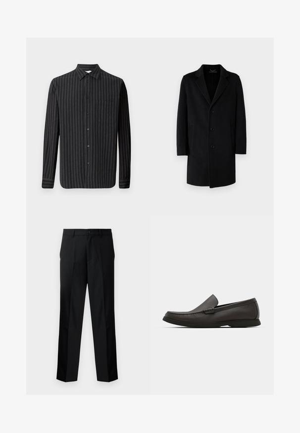 Casaco de lã preto com colarinho nota, fecho de cinco botões, bolsos laterais e silhueta reta com mangas longas.; Samsøe Samsøe LIAM SHIRT - Camisa - castor gray; Calças pretas bem ajustadas com corte reto, apresentando fecho com botão, braguilha com zip e passadores de cinto. Tecido suave com bolsos laterais.; Mocassins de couro castanho escuro com biqueira arredondada, detalhes de costura discretos e sola de borracha baixa. Textura suave com um ajuste flexível.