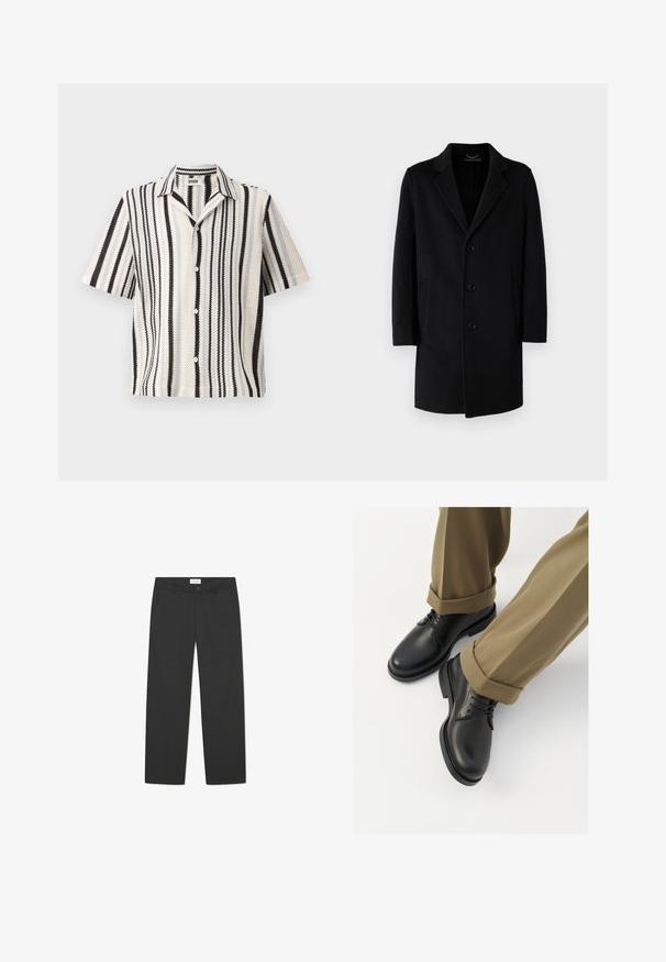 Cappotto nero in lana con colletto a rever, chiusura a cinque bottoni, tasche laterali e silhouette dritta con maniche lunghe.; Camicetta a maniche corte con una trama intrecciata, caratterizzata da strisce verticali alternate in bianco e nero e un colletto classico. Chiusura frontale con cinque bottoni.; Pantaloni neri in tessuto leggero. Presentano un design a gamba dritta con una parte frontale piatta, tasche laterali e una vita discreta.; Scarpe da uomo in pelle nera con una finitura liscia, dotate di lacci e punta arrotondata, abbinate a pantaloni khaki arrotolati.