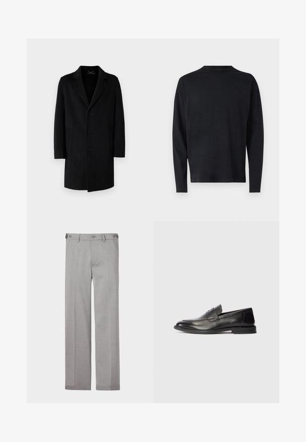 Manteau en laine noir avec col cranté, fermeture à cinq boutons, poches latérales et silhouette droite avec des manches longues.; Chemise noire à manches longues en tissu doux. Présente un col rond et des épaules tombantes. Texture lisse sans motifs visibles.; Pantalons ajustés gris avec une coupe droite, fabriqués en tissu lisse. Comprend deux poches avant et une fermeture à double bouton à la taille.; Mocassin noir en cuir pour homme avec un talon bas et un détail de lanière horizontale sur le dessus, présenté de côté sur un fond blanc.