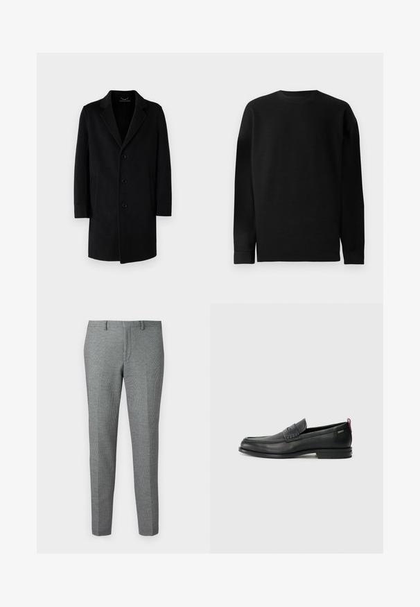 Schwarzer Wollmantel mit Reverskragen, Fünf-Knopf-Verschluss, seitlichen Taschen und gerader Silhouette mit langen Ärmeln.; Schwarzer, langärmeliger Pullover aus Rippmaterial. Mit Rundhalsausschnitt und geradem Saum sowie eng anliegenden Bündchen. Schlichtes Design in einfarbiger Optik.; Graue, maßgeschneiderte Hosen mit einem dezenten Hahnentritt-Muster, schmal zulaufenden Beinen, Gürtelschlaufen und einem flachen Vorderteil.; Schwarze Lederloafers mit einem strukturierten Vorderteil und glatten Seiten. Sie verfügen über einen schmalen Absatz und eine Schlaufe an der Rückseite für einfaches Anziehen. Klassisches Design.