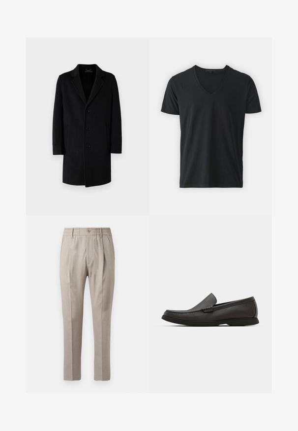 Schwarzer Wollmantel mit Reverskragen, Fünf-Knopf-Verschluss, seitlichen Taschen und gerader Silhouette mit langen Ärmeln.; Schwarzes T-Shirt mit kurzen Ärmeln aus weichem Stoff, mit einem V-Ausschnitt und einer einfachen, glatten Textur ohne Muster oder Akzente.; Beige maßgeschneiderte Hose mit glatter Textur, ausgestattet mit einem Knopfverschluss, elastischem Bund und zwei vorderen Taschen. Gerade Beinform.; Dunkelbraune Lederloafer mit einer runden Zehenpartie, dezenten Nähdetails und einer niedrigen Gummisohle. Glatte Textur mit flexibler Passform.