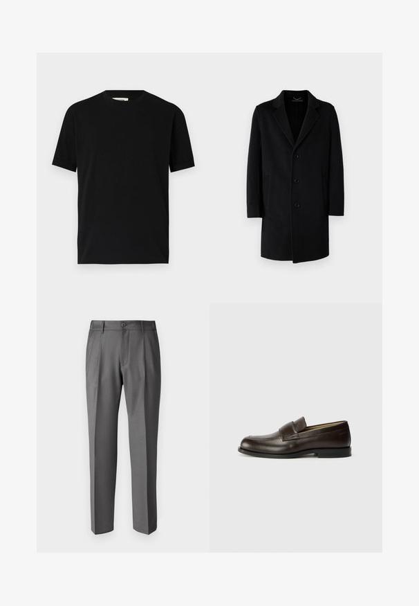 Musta villakangas Takki, jossa on lovettu kaulus, viiden napin suljettu, sivutaskut ja suora siluetti pitkillä hihoilla.; Lyhythihainen musta T-paita puuvillasta, jossa on pyöreä pääntie ja rento malli. Silkkinen rakenne, ei kuvioita tai näkyviä logoja.; DRYKORN LEEK - Housut - grey; Calvin Klein Loaferit/pistokkaat - cocoa brown